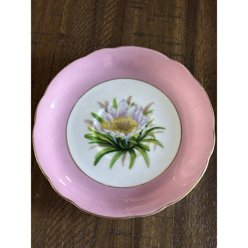 VTG Occupied Japan Hand Painted Pink Cereus Flower Gold Trim Teacup and Saucer
